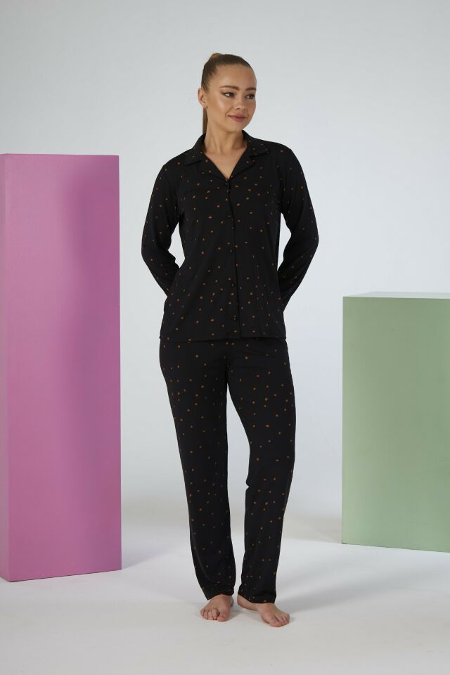 Estiva Kadın Puantiyeli Siyah Önden Düğmeli Soft Pijama Takımı