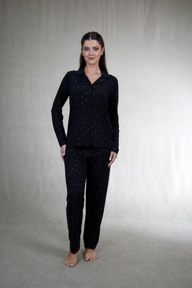 Estiva Kadın Puantiyeli Siyah Önden Düğmeli Soft Pijama Takımı alternatif görsel