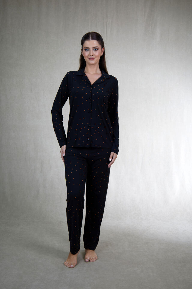 Estiva Kadın Puantiyeli Siyah Önden Düğmeli Soft Pijama Takımı alternatif görsel
