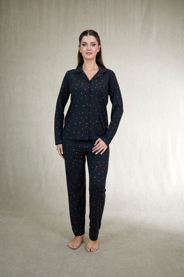 Estiva Kadın Puantiyeli Siyah Önden Düğmeli Soft Pijama Takımı