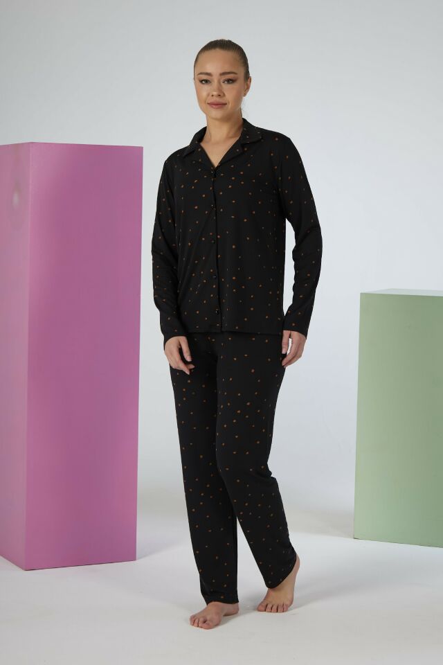 Estiva Kadın Puantiyeli Siyah Önden Düğmeli Soft Pijama Takımı