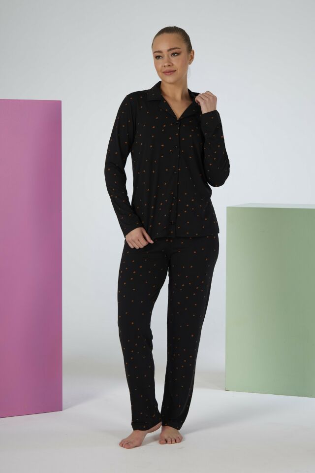 Estiva Kadın Puantiyeli Siyah Önden Düğmeli Soft Pijama Takımı