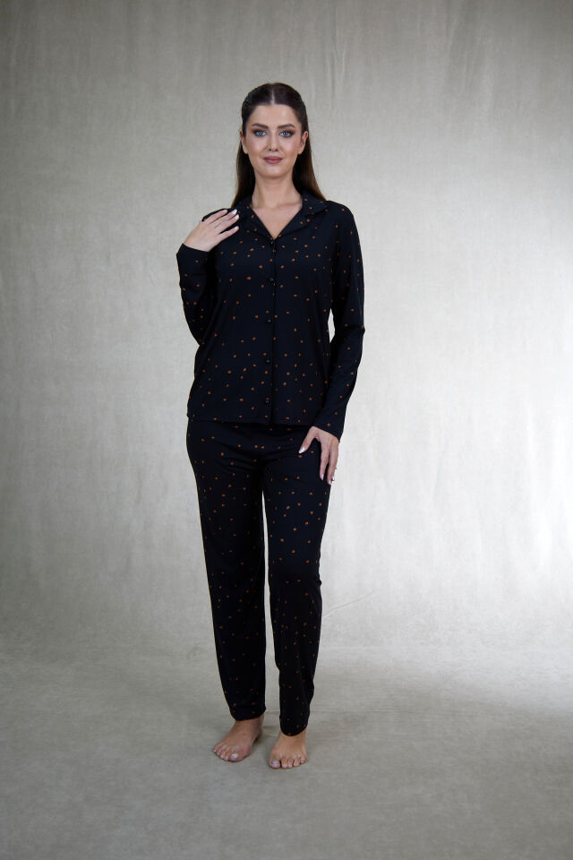 Estiva Kadın Puantiyeli Siyah Önden Düğmeli Soft Pijama Takımı