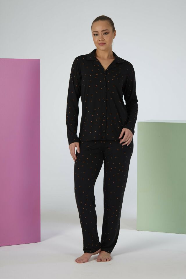 Estiva Kadın Puantiyeli Siyah Önden Düğmeli Soft Pijama Takımı