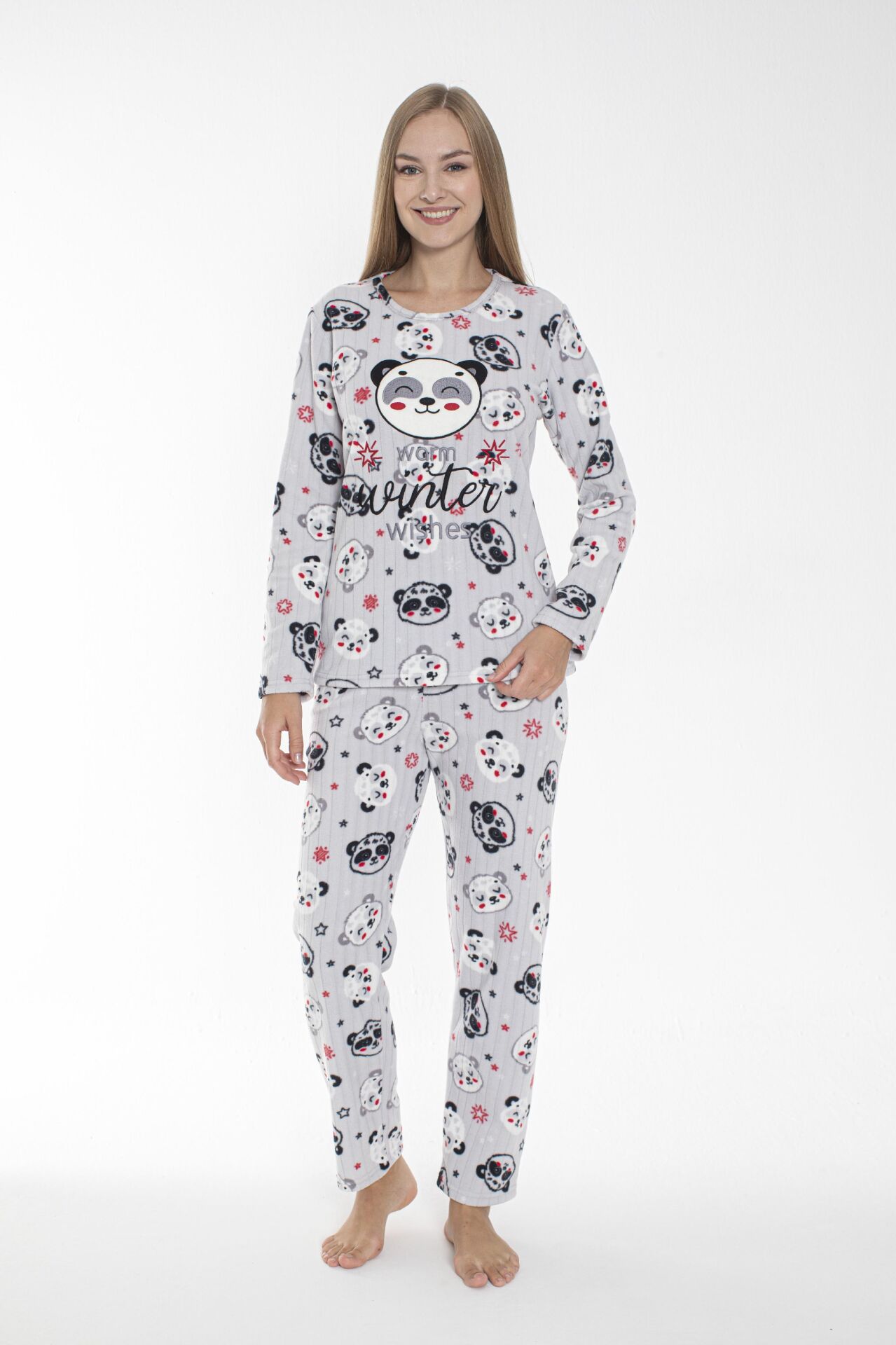Kadın Kışlık Panda Desenli Fitilli Polar Pijama Takımı Beyaz