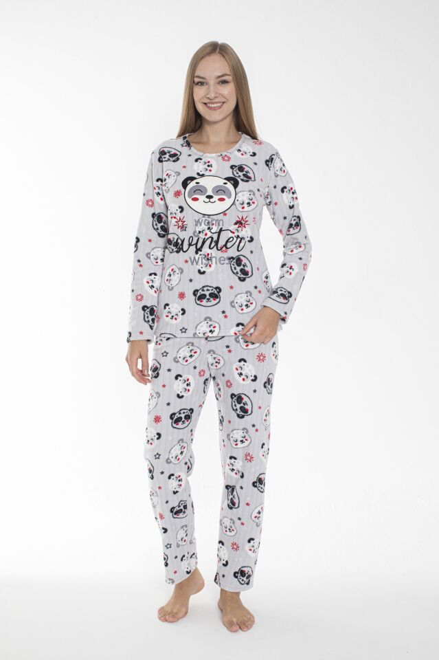 Kadın Kışlık Panda Desenli Fitilli Polar Pijama Takımı Beyaz