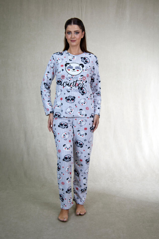 Kadın Kışlık Panda Desenli Fitilli Polar Pijama Takımı Beyaz