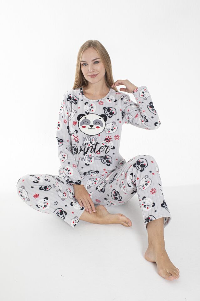 Kadın Kışlık Panda Desenli Fitilli Polar Pijama Takımı Beyaz