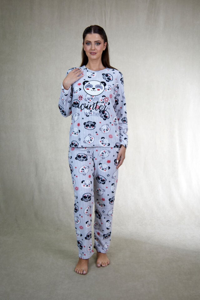 Kadın Kışlık Panda Desenli Fitilli Polar Pijama Takımı Beyaz alternatif görsel