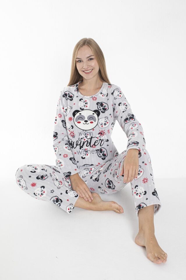 Kadın Kışlık Panda Desenli Fitilli Polar Pijama Takımı Beyaz