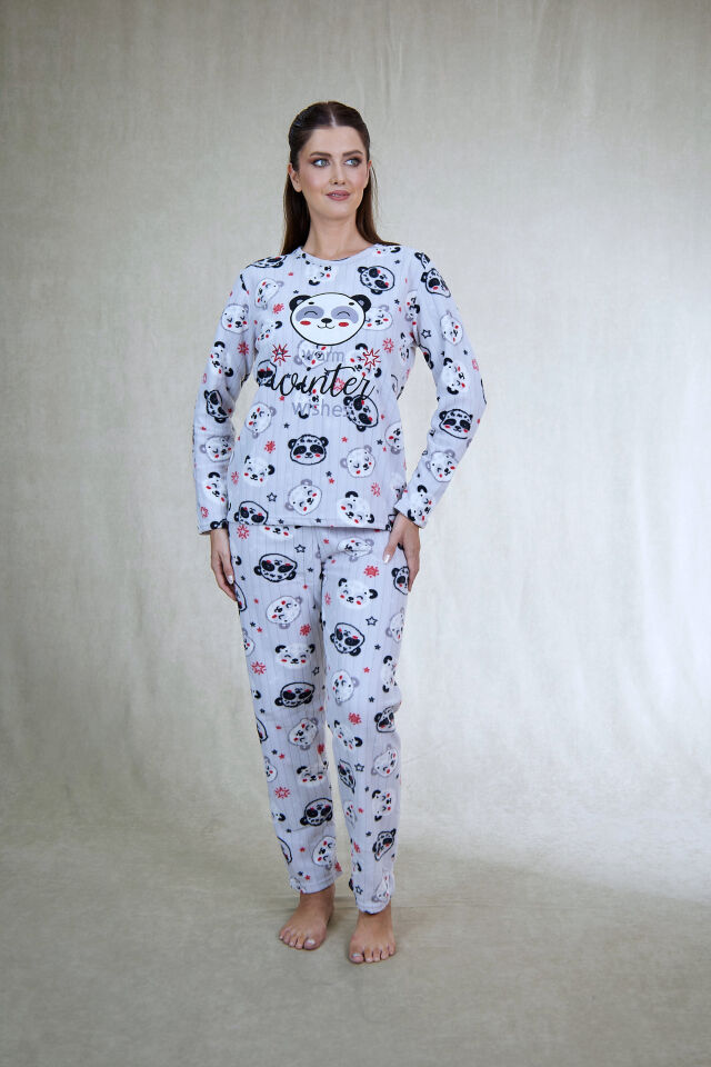 Kadın Kışlık Panda Desenli Fitilli Polar Pijama Takımı Beyaz