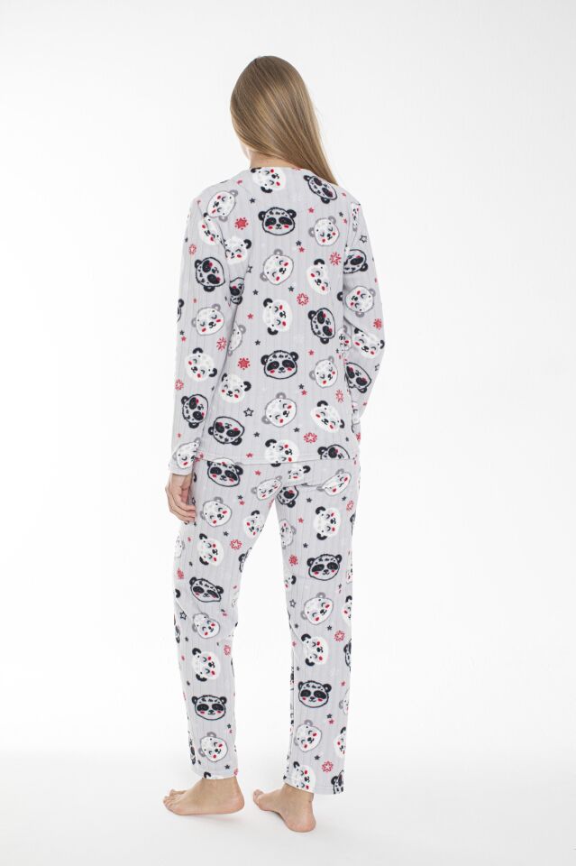 Kadın Kışlık Panda Desenli Fitilli Polar Pijama Takımı Beyaz