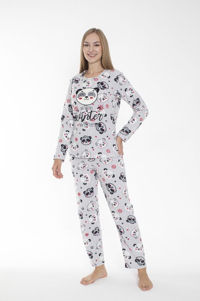Kadın Kışlık Panda Desenli Fitilli Polar Pijama Takımı Beyaz