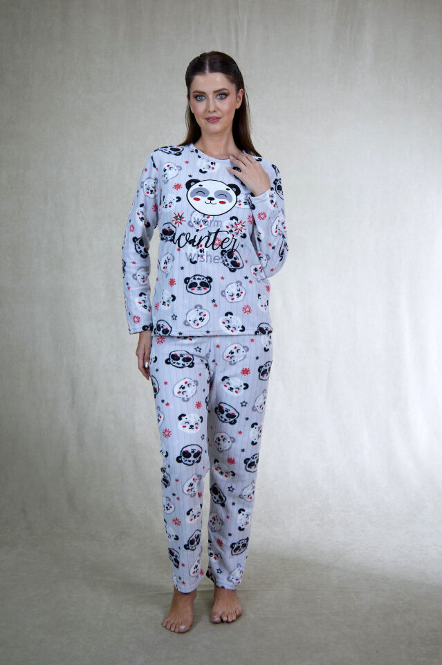 Kadın Kışlık Panda Desenli Fitilli Polar Pijama Takımı Beyaz