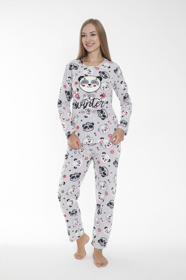 Kadın Kışlık Panda Desenli Fitilli Polar Pijama Takımı Beyaz