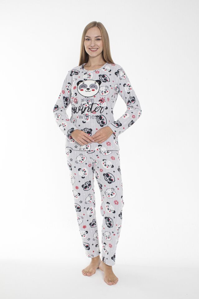 Kadın Kışlık Panda Desenli Fitilli Polar Pijama Takımı Beyaz