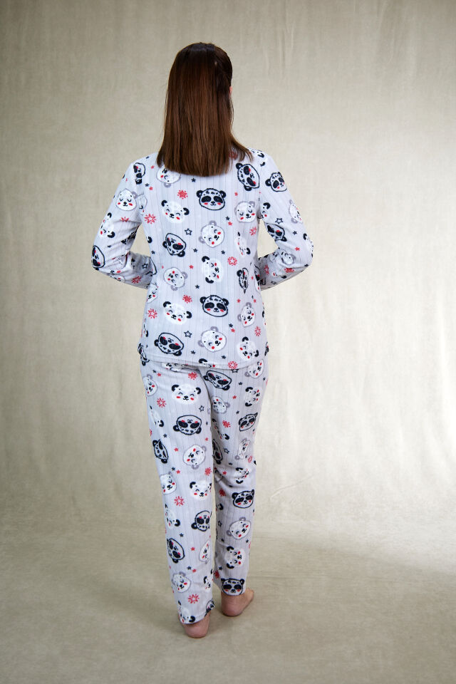Kadın Kışlık Panda Desenli Fitilli Polar Pijama Takımı Beyaz
