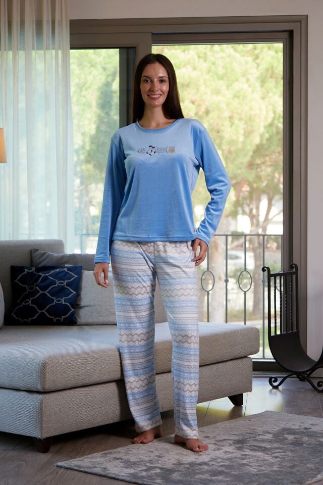 Estiva Kadın İskandinav Desenli Mavi Kadife Pijama Takımı alternatif görsel