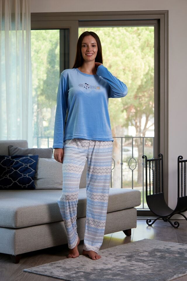 Estiva Kadın İskandinav Desenli Mavi Kadife Pijama Takımı