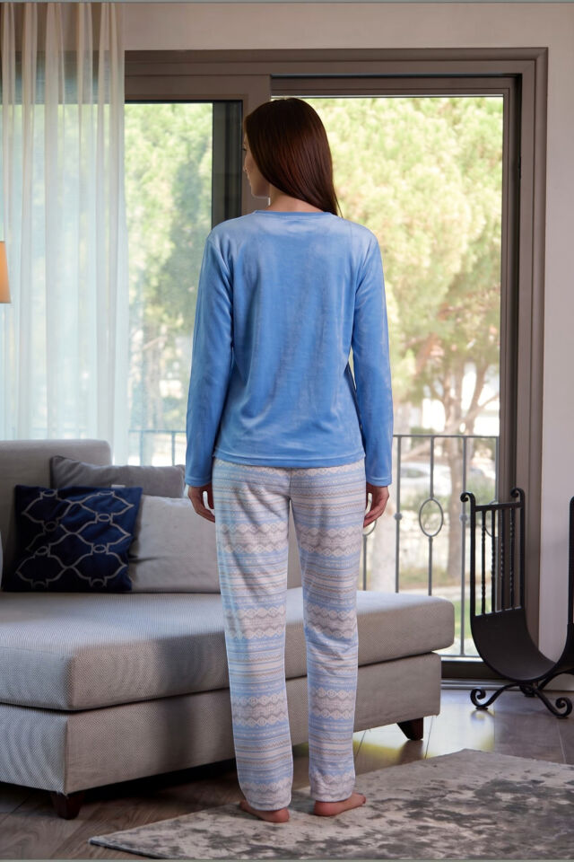 Estiva Kadın İskandinav Desenli Mavi Kadife Pijama Takımı