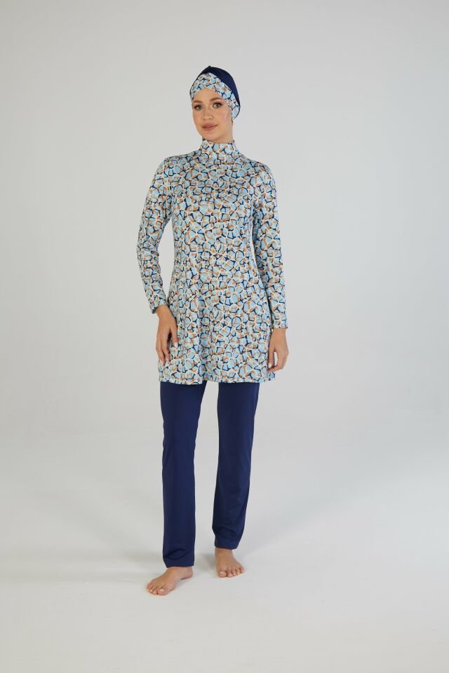 Estiva Kadın Tam Kapalı Dijital Desenli Tesettür Mayo Lacivert