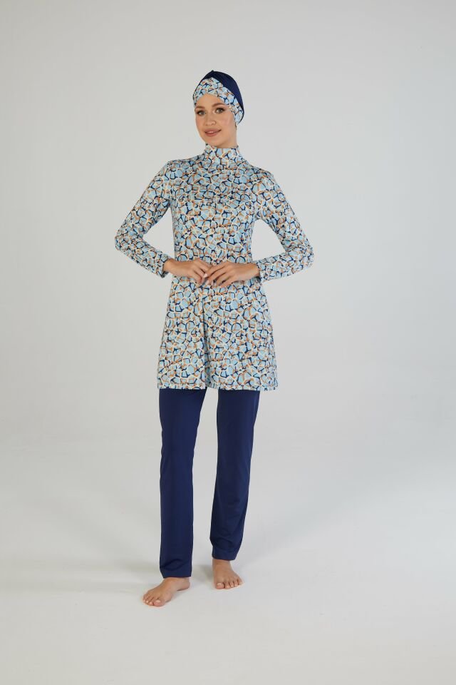 Estiva Kadın Tam Kapalı Dijital Desenli Tesettür Mayo Lacivert
