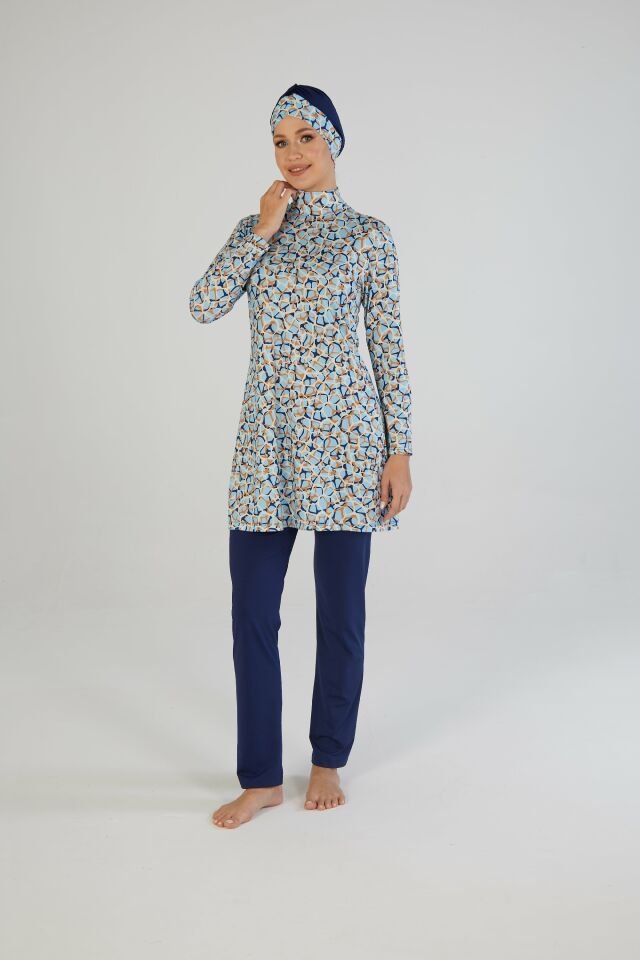 Estiva Kadın Tam Kapalı Dijital Desenli Tesettür Mayo Lacivert