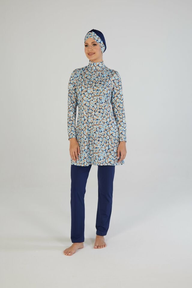 Estiva Kadın Tam Kapalı Dijital Desenli Tesettür Mayo Lacivert