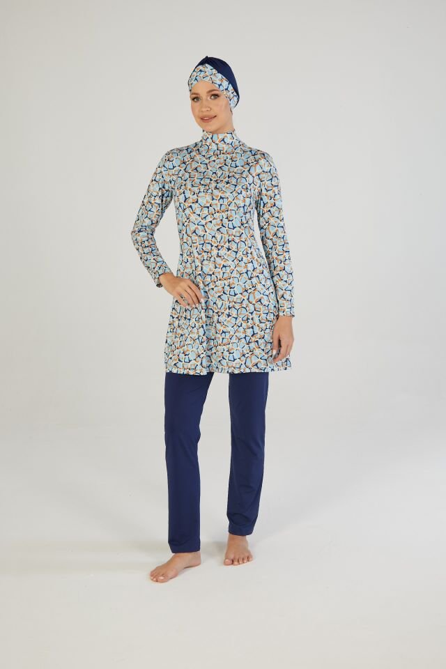 Estiva Kadın Tam Kapalı Dijital Desenli Tesettür Mayo Lacivert