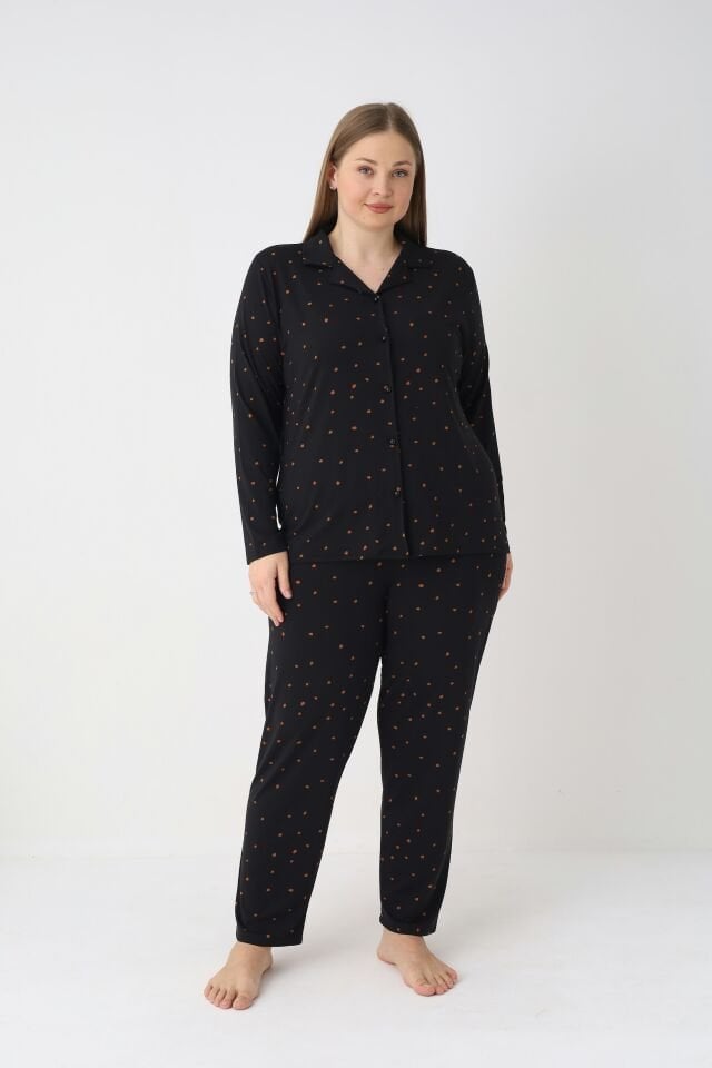 Estiva Kadın Puantiyeli Siyah Önden Düğmeli Soft Battal Pijama Takımı