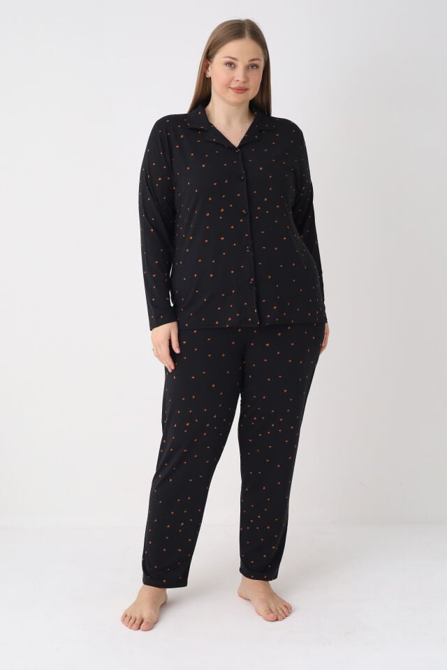 Estiva Kadın Puantiyeli Siyah Önden Düğmeli Soft Battal Pijama Takımı