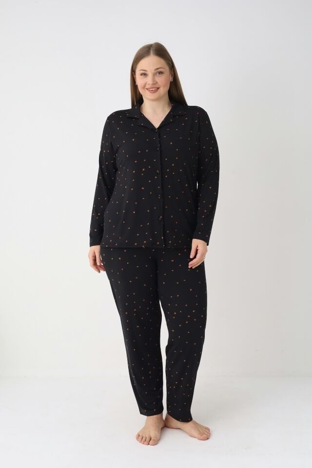 Estiva Kadın Puantiyeli Siyah Önden Düğmeli Soft Battal Pijama Takımı