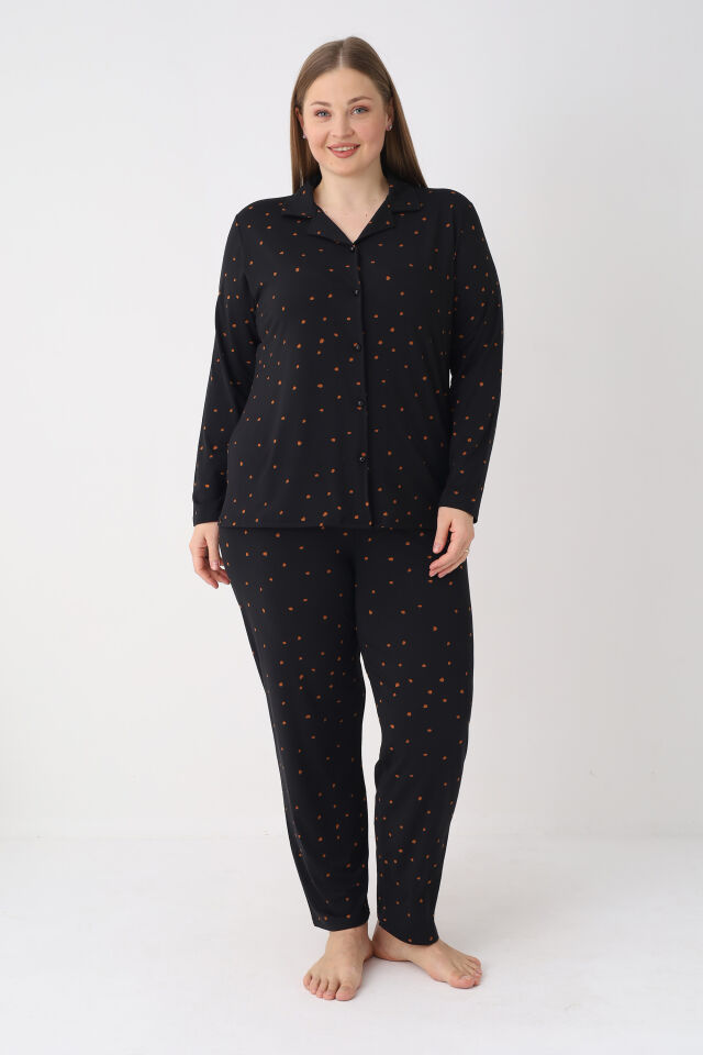 Estiva Kadın Puantiyeli Siyah Önden Düğmeli Soft Battal Pijama Takımı alternatif görsel