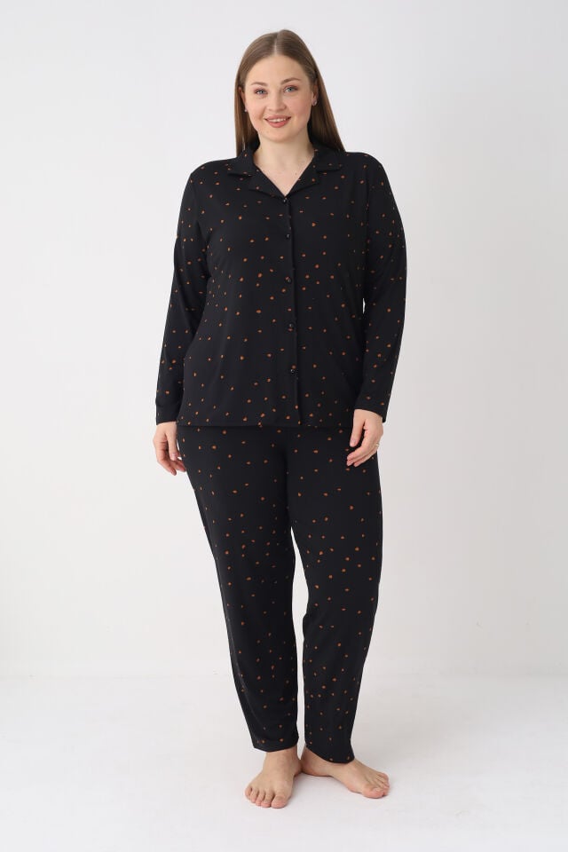 Estiva Kadın Puantiyeli Siyah Önden Düğmeli Soft Battal Pijama Takımı alternatif görsel