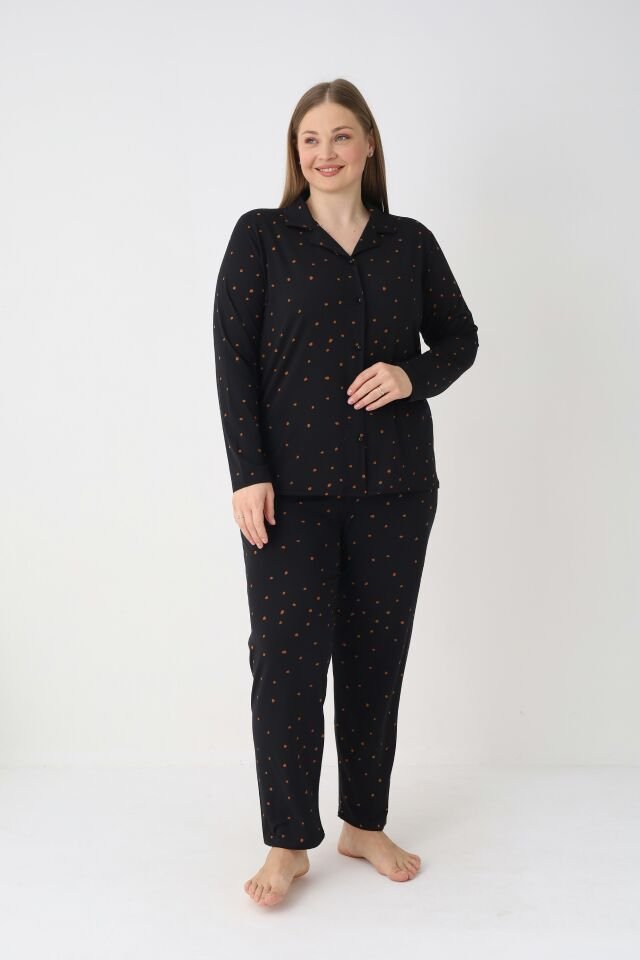 Estiva Kadın Puantiyeli Siyah Önden Düğmeli Soft Battal Pijama Takımı