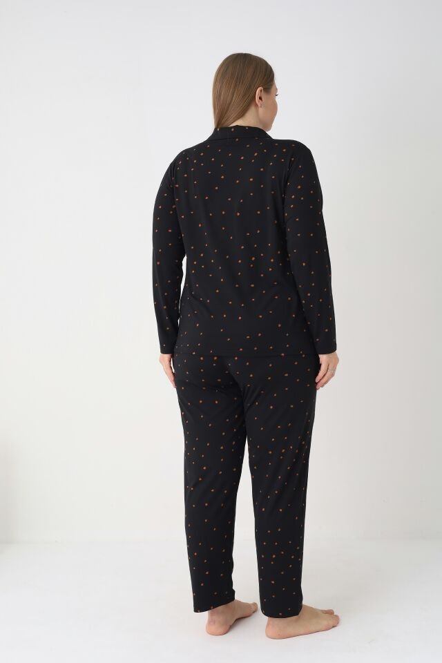 Estiva Kadın Puantiyeli Siyah Önden Düğmeli Soft Battal Pijama Takımı