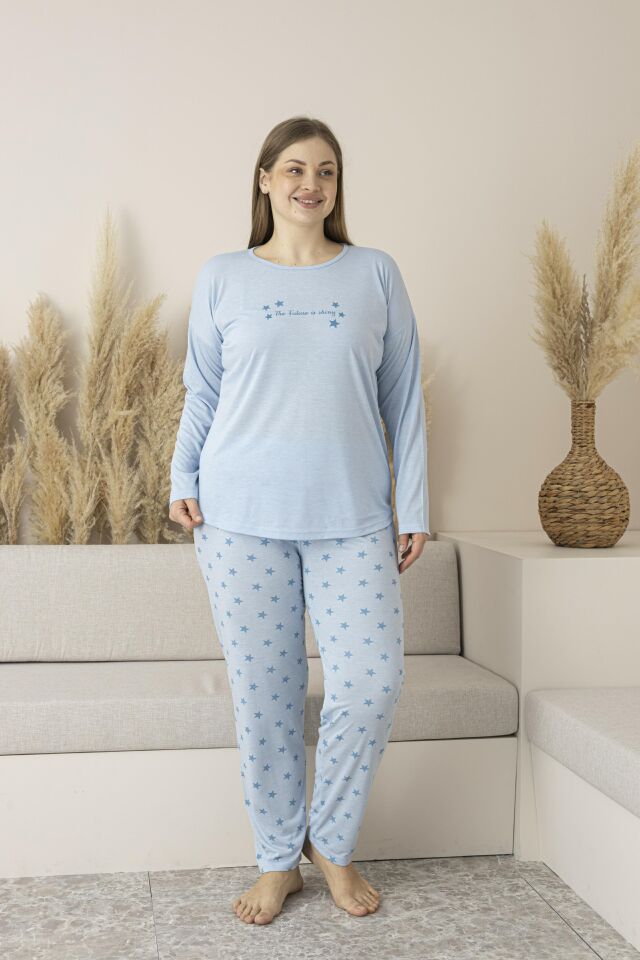 Kadın Yazlık Yıldız Desenli Uzun Kollu Viskon Battal Pijama Takımı 3XL - Mavi
