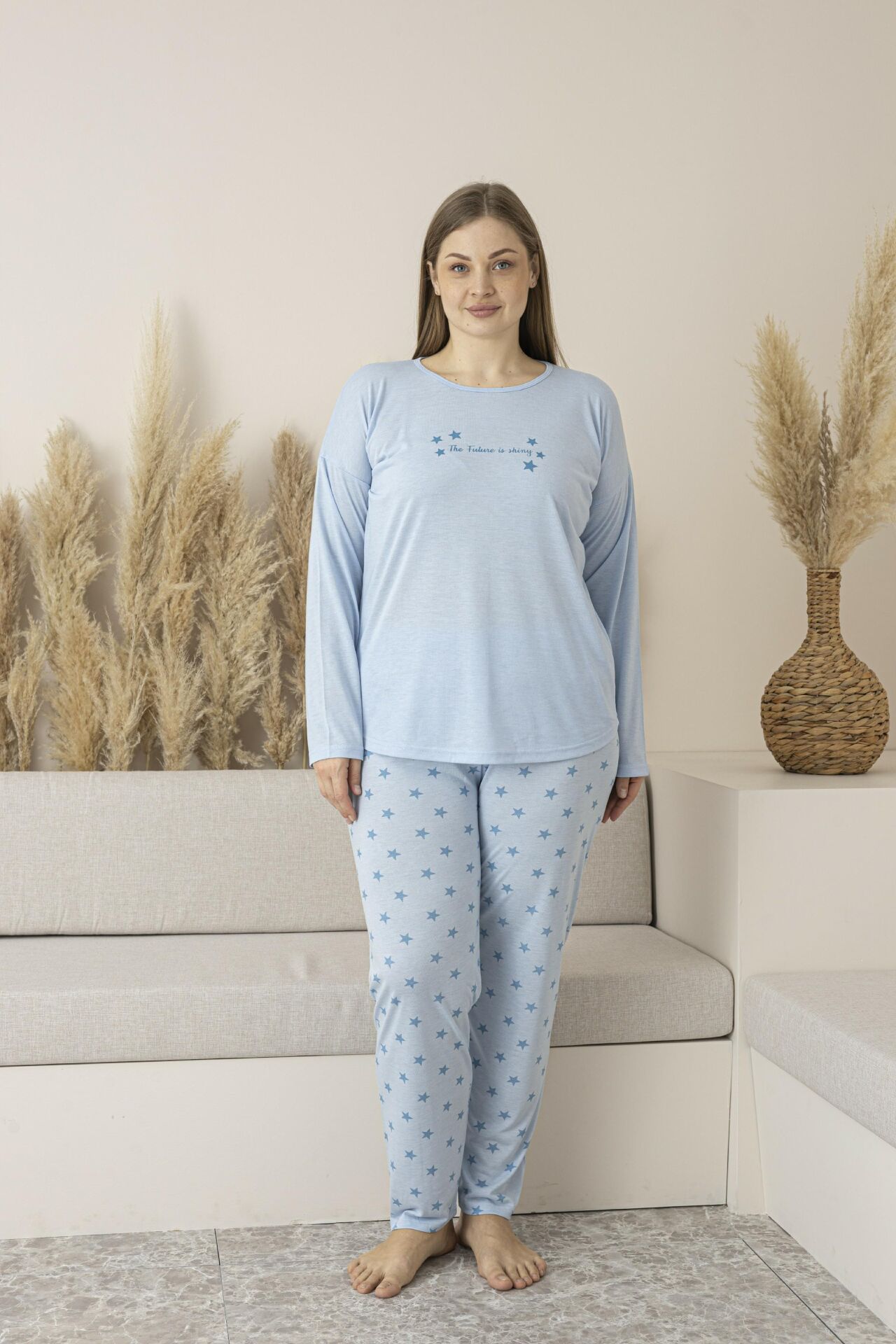 Kadın Yazlık Yıldız Desenli Uzun Kollu Viskon Battal Pijama Takımı 4XL - Mavi