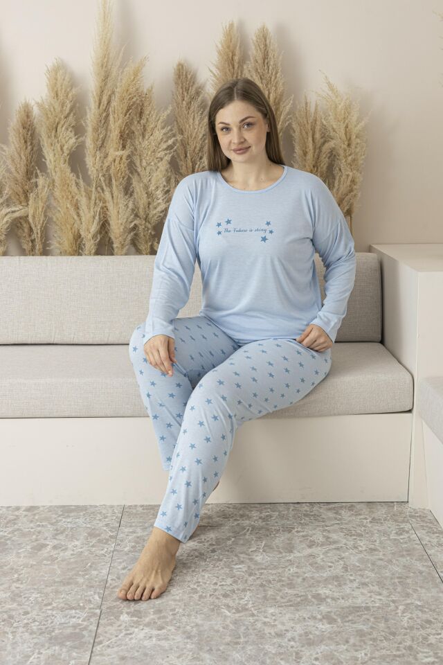 Kadın Yazlık Yıldız Desenli Uzun Kollu Viskon Battal Pijama Takımı 4XL - Mavi