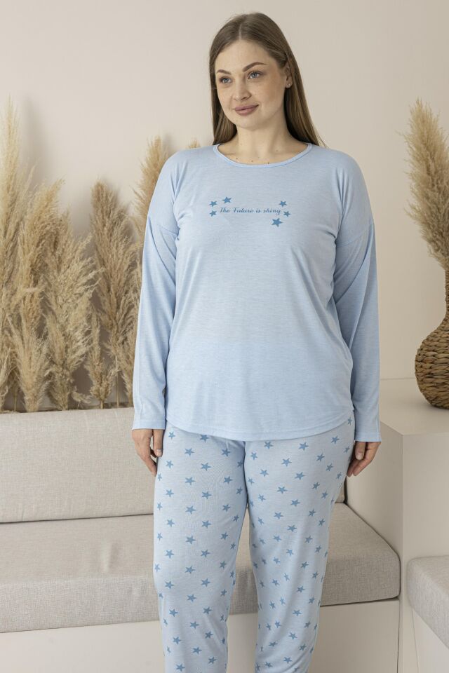 Kadın Yazlık Yıldız Desenli Uzun Kollu Viskon Battal Pijama Takımı 4XL - Mavi