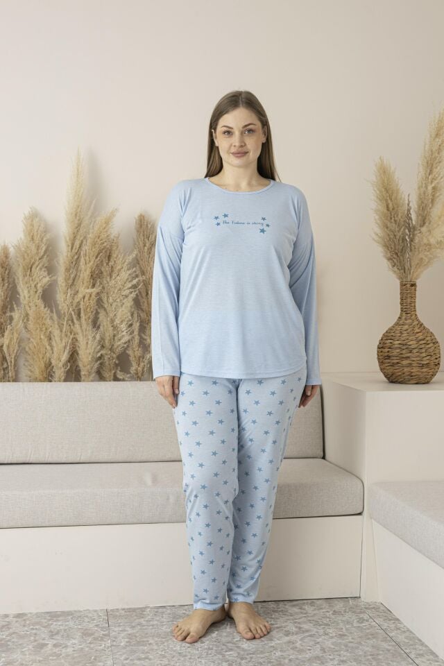 Kadın Yazlık Yıldız Desenli Uzun Kollu Viskon Battal Pijama Takımı 5XL - Mavi
