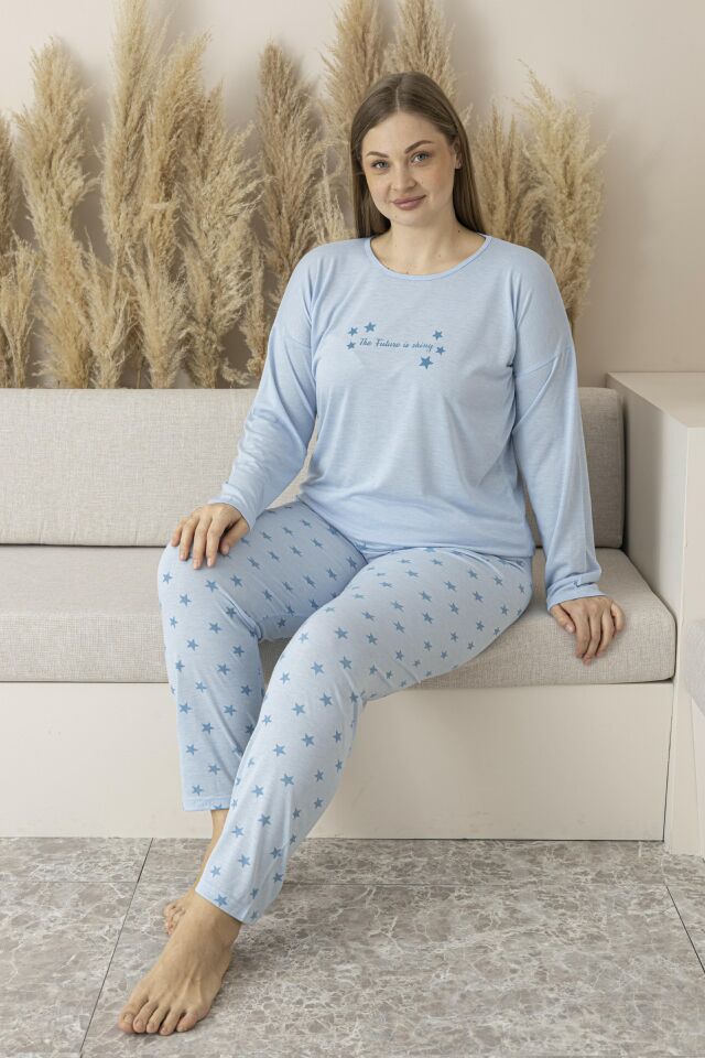 Kadın Yazlık Yıldız Desenli Uzun Kollu Viskon Battal Pijama Takımı 5XL - Mavi