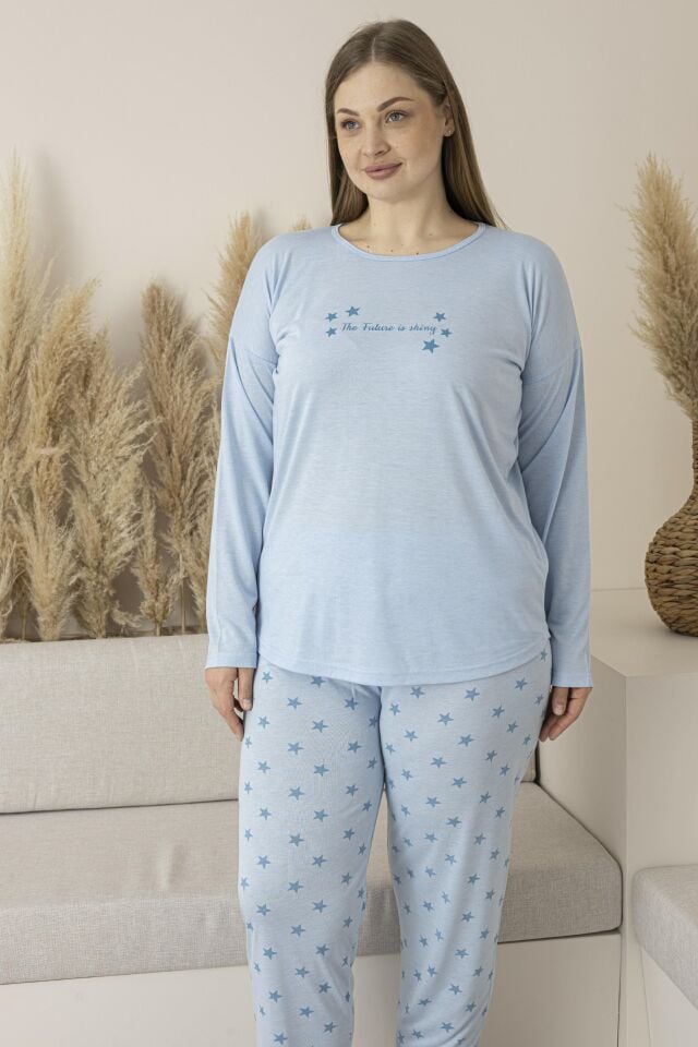Kadın Yazlık Yıldız Desenli Uzun Kollu Viskon Battal Pijama Takımı 5XL - Mavi