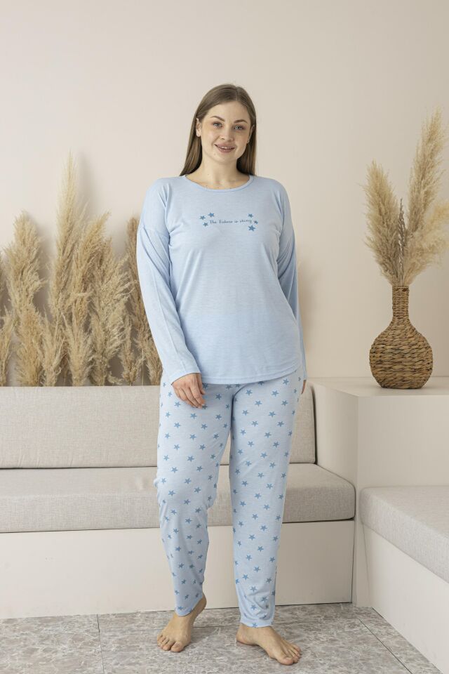 Kadın Yazlık Yıldız Desenli Uzun Kollu Viskon Battal Pijama Takımı 5XL - Mavi