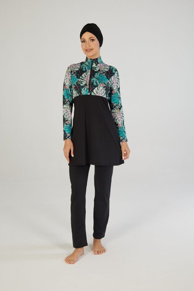 Estiva Kadın Tam Kapalı Yarım Fermuarlı Palmiye Desenli Tesettür Mayo Siyah