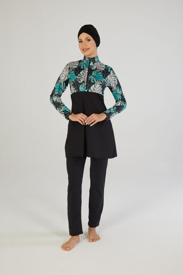 Estiva Kadın Tam Kapalı Yarım Fermuarlı Palmiye Desenli Tesettür Mayo Siyah