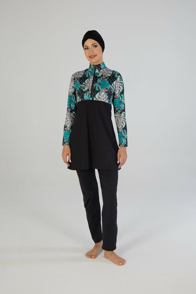 Estiva Kadın Tam Kapalı Yarım Fermuarlı Palmiye Desenli Tesettür Mayo Siyah