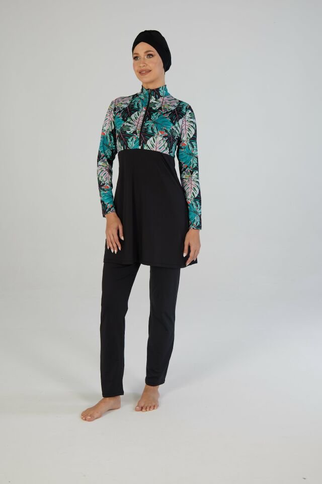 Estiva Kadın Tam Kapalı Yarım Fermuarlı Palmiye Desenli Tesettür Mayo Siyah