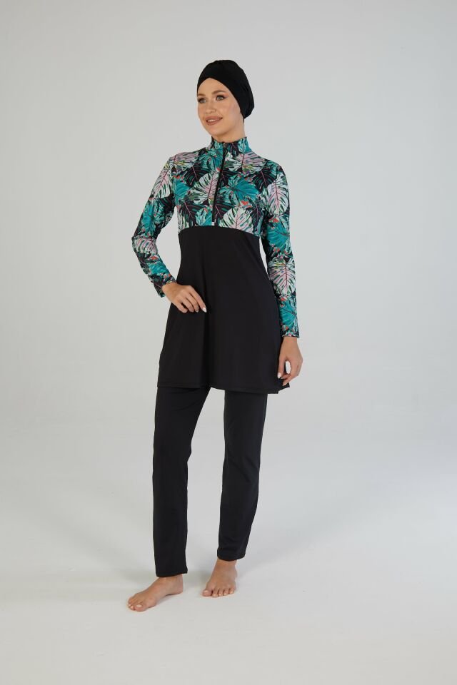 Estiva Kadın Tam Kapalı Yarım Fermuarlı Palmiye Desenli Tesettür Mayo Siyah