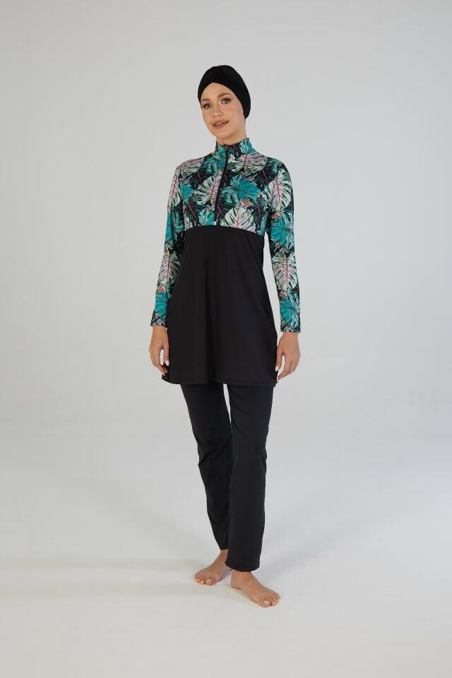 Estiva Kadın Tam Kapalı Yarım Fermuarlı Palmiye Desenli Tesettür Mayo Siyah